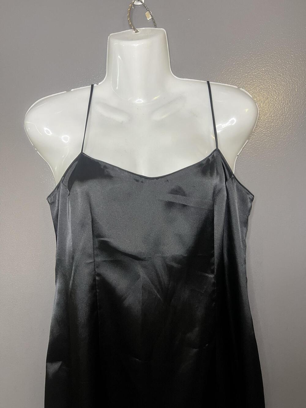 Vintage Teri Jon Dress Womens 6 Black Satin Slip V Neck Spaghetti Strap Knee